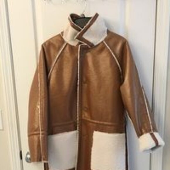 2 in 1 Reversible Coat: Brown Leather and Off-White Sherpa / Teddy - Picture 3 of 13